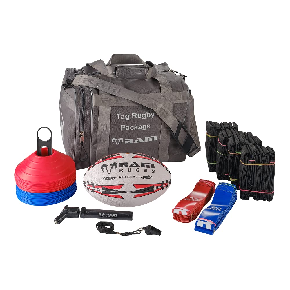 Ram Rugby Tag Rugby Package – Complete Set with 20 Tag Belts & 40 Tags (20 Red & 20 Blue), Gripper 2.0 Trainer Ball, 30 Cones, Double-Action Pump, Whistle & Carry Bag – Available in sizes 3, 4 & 5