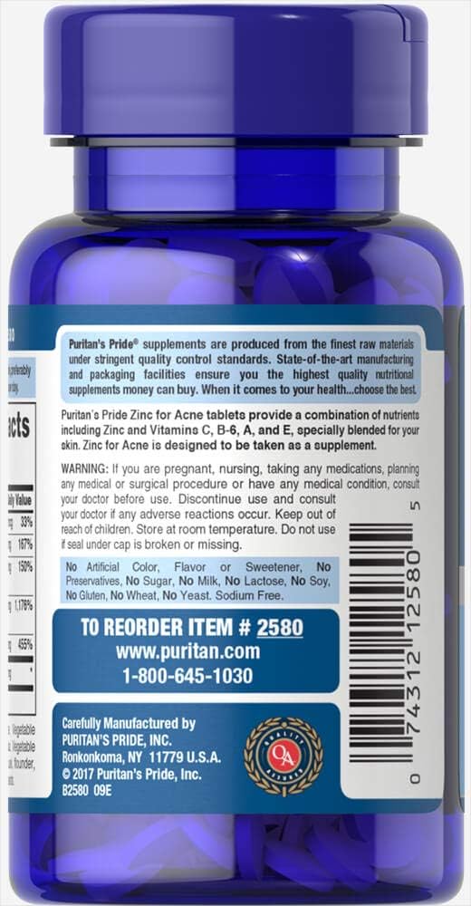 Zinc for Acne by Puritan's Pride a Mineral for Immune Sytem Health 100 Tablets: Health & Personal Care