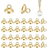 UNICRAFTALE 100Pcs Real 18K Gold Plated Cup Peg Bails Stainless Steel Bead Cap Pendant Bails 9.6mm Long Pinchs Dangle Charm Bead Bail Round Pearl Bail Pin Peg for Earring Necklace Supplies