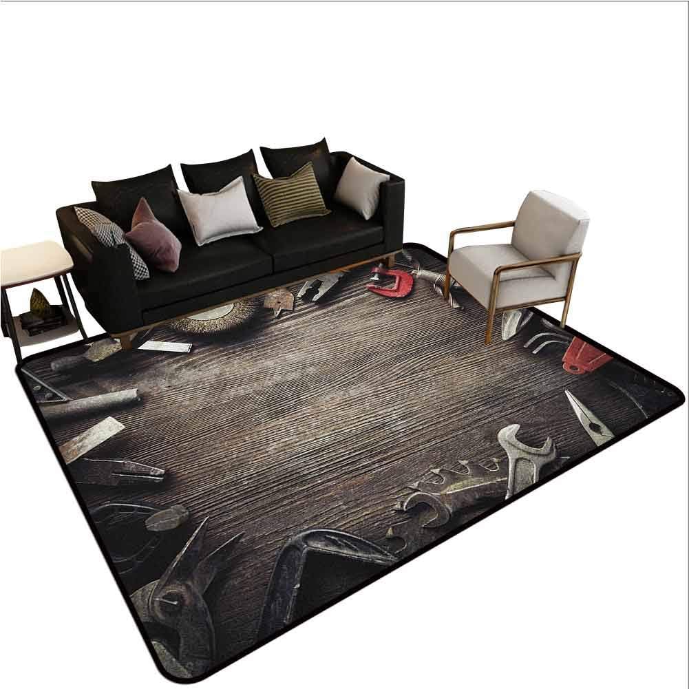 Area Rug Rugs Industrial,Print,Grungy Tools on a Wooden Board Manual Manufacturing Repairing in Workshop,Large Floor Mat for Kids Yoga Living Room Home Decor Rugs,Brown Grey Red 7'6x10'