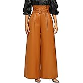 Tcremisa Leather Pants for Women High Waisted Faux Leather Straight Wide Leg Pant PU Trousers with Belt