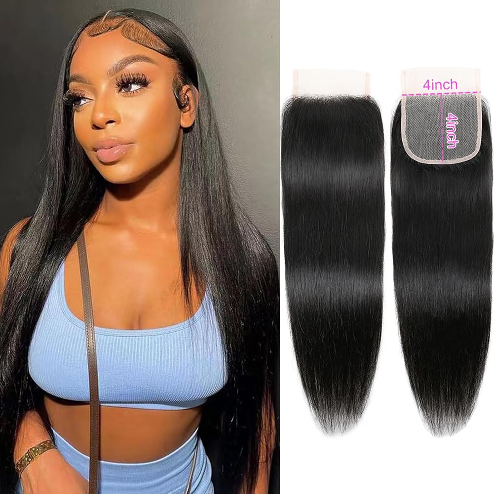 HEFABRIGHT Straight Wave Human Hair 4x4 Lace Closure Unprocessed Virgin 130 Density Free Part Pre Plucked Hairline Natural Black 10 Inch — image 1