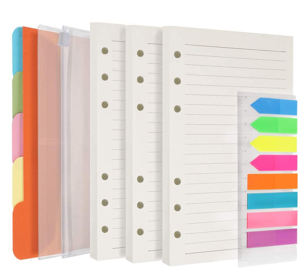 iEasey A6 Paper Refills 3 Pack, 270 Lined Pages, 5 Colored Binder Dividers, 160 Sticky Neon Index Flags, 2 Zip Lock Pockets, Ruler - Stationery Writing Paper