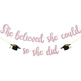 She Believed She Could So She Did Banner Decorations - Pink Glitter She Did It 2024 Garland Graduation Bunting Banner, Congrats Grad Photo Backdrop for Girls College Graduation Party Favors