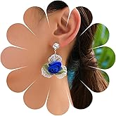 Allereyae Vintage Fabric Flower Dangle Earrings Blue Flower Earrings Hollow Leaf Drop Earrings Cz Rhinestone Stud Earrings Jewelry for Women