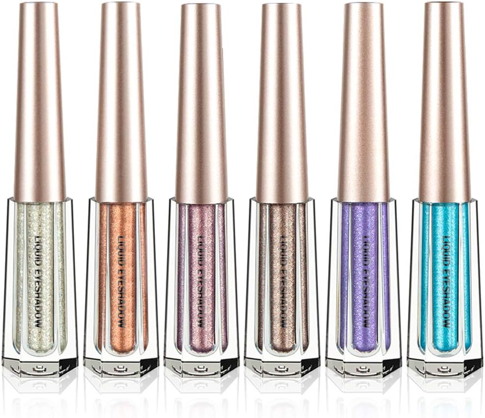 Glitter Liquid Eyeshadow 6 Color Metallic Sparkling Eyeliner Shimmer Eye Shadow Face Lips Art Cosmetic Glow Pigment Shimmer Makeup Long Lasting Waterproof for Parties Cosplay Masquerade (6 Pcs B)