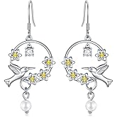 Hummingbird Gifts 925 Sterling Silver Birds Hummingbird Earrings Drop Dangle Earrings with Crystals from Austria, Birthday Christmas Jewelry Gifts for Women