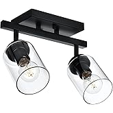 VINLUZ 2 Light Black Bathroom Wall Light with Clear Glass Shade Ceiling Spotlight Fixture with Adjustable Track Heads
