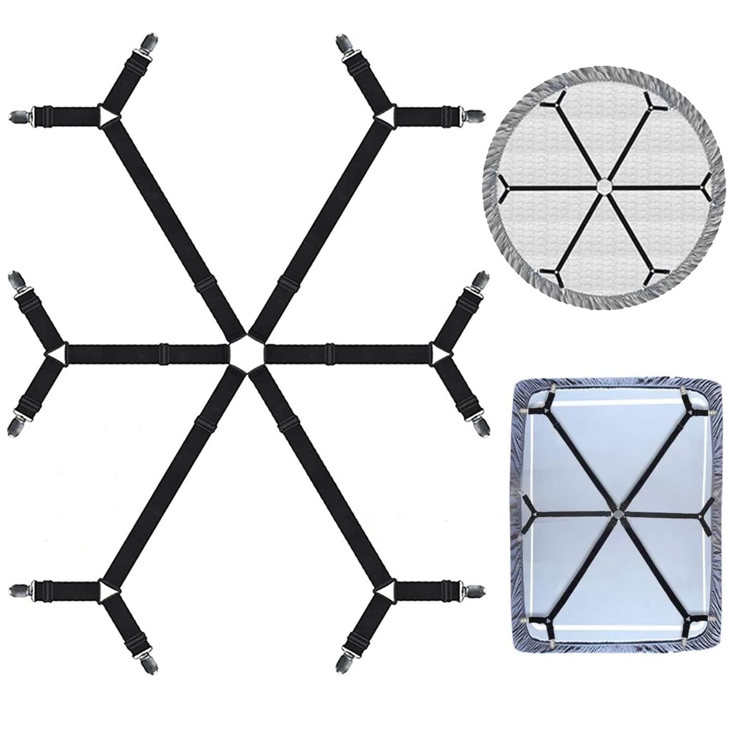 BTFLKNS 2 Pack Bed Sheet Straps, Adjustable Bed Sheet Clips, Bed Sheet Fastener, 3 Way 6 Sides 12 Clips Elastic Bed Sheets Fastener, Suitable for All Round and Square Mattresses (Black)