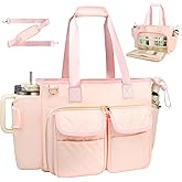Covkev Teacher Tote Bag with 15.6 Inch Laptop Compartment, Soft Nylon Teacher Utility Bag with Multiple Pocket& Shoulder Strap, Large Work Tote Bag for Office& Teacher Supplies Organizer Women (Pink)