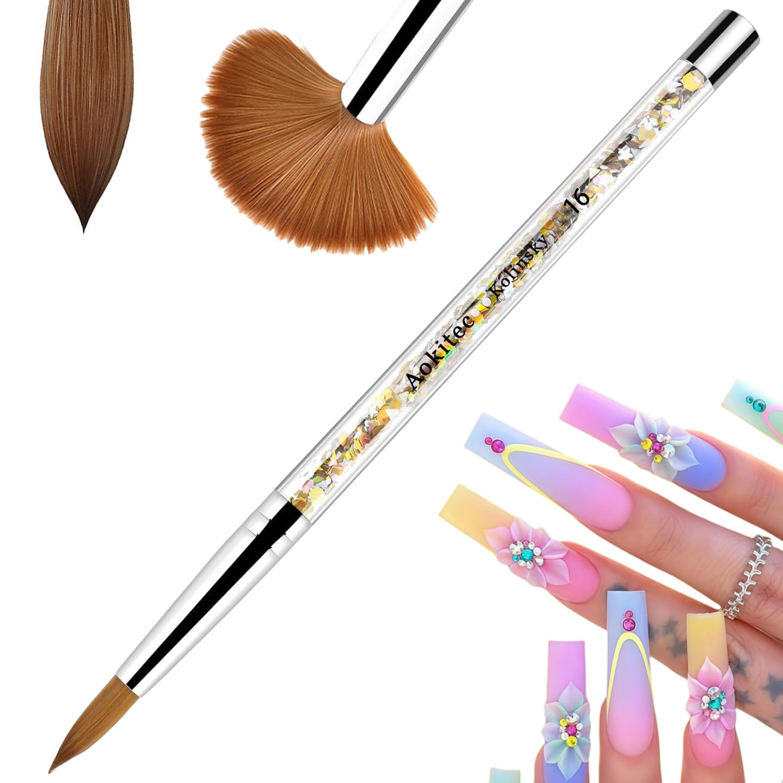 Aokitec Kolinsky Acrylic Nail Brush #16 Sable Acrylic Brush Wood Nail Art Brush for Acrylic Application Polygel Brush Nail Art Manicure Tool