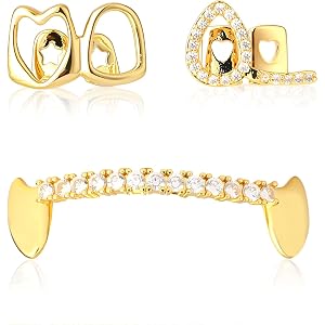 Grillz for Teeth Women Men,Gold Plated Hip Hop Teeth Grills Set, Bling Gem Rapper Jewelry for Music Festival, Stage Performan