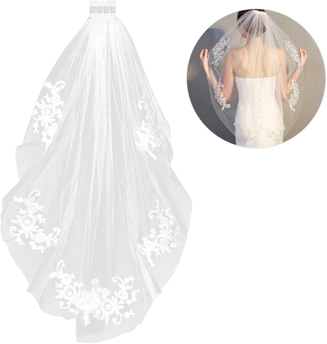 Bridal Veils, Elegant Lace Appliques Wedding Veil Crystal Beaded with