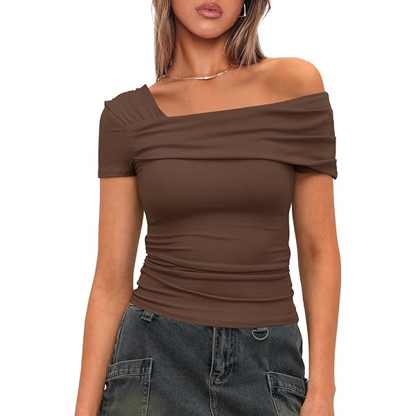 Darong Women Off Shoulder Top Y2K Asymmetrical Neck Short