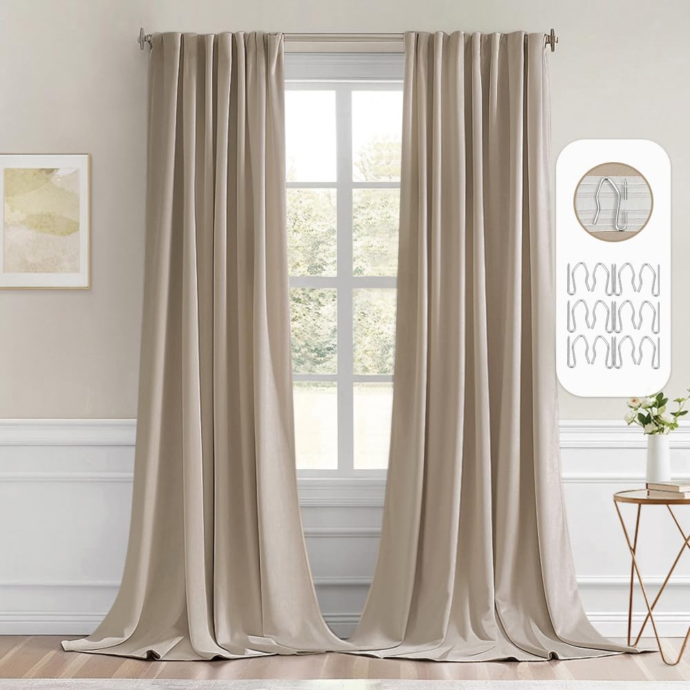 Photo 1 of MIULEE Taupe Back Tab Blackout Curtains 108 Inch Long 2 Panels Set for Bedroom, Rod Pocket/Pinch Pleat Extra Long Thermal Insulated Living Room Darkening Pleated Light Blocking Drapes