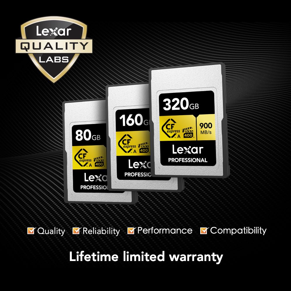 Lexar 320GB Professional CFexpress Type A GOLD Series Memory Card, Up to 900MB/s Read, Cinema-quality 8K Video, Rated VPG 400 (LCAGOLD320G-RNENG)