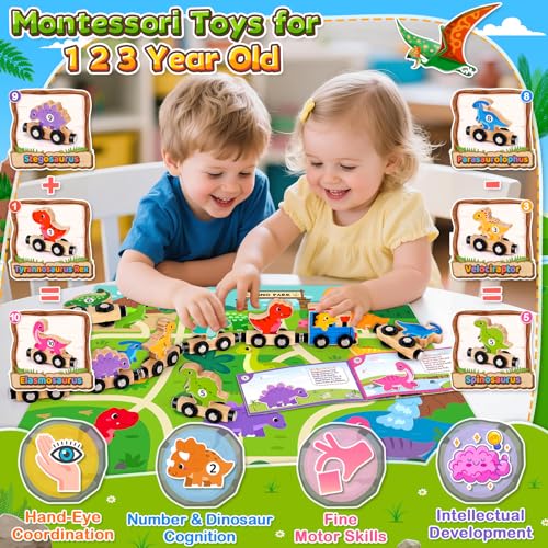 Toddler Dinosaur Toys for 1 2 3 Year Old Boys, Dinosaur Train Toys for Boys | Montessori Toys for 1-3 Year Old, Wooden Magnetic Dinosaur Train Set for Boys age 2 3 4, First Birthday Gifts for Boys Girls