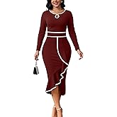 Women's Church Dresses Long Sleeve Work Business Party Dress Bodycon Vintage Wrap Ruffle Midi Pencil Dress