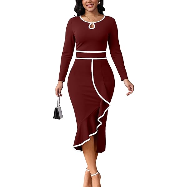burgundy church dress pnpednde Women's Vintage Elegant Burgundy Business Formal 3/4 Sleeve Ruffle  Bodycon Midi Pencil Dress(Burgundy Medium) at Amazon Women's Clothing store