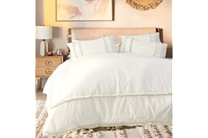 Flber White Fringed Duvet Cover Tufted Boho Bedding King Size, 96in x104in
