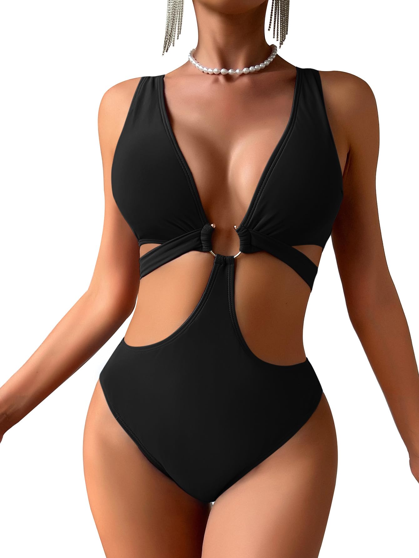 Photo 1 of *SIZE SMALL* Lilosy Sexy Plunge Metal O Linked Cutout Low Cut One Piece Swimsuit High Leg Rise Cheeky Brazilian Bathing Suit Women Bikini Black Small