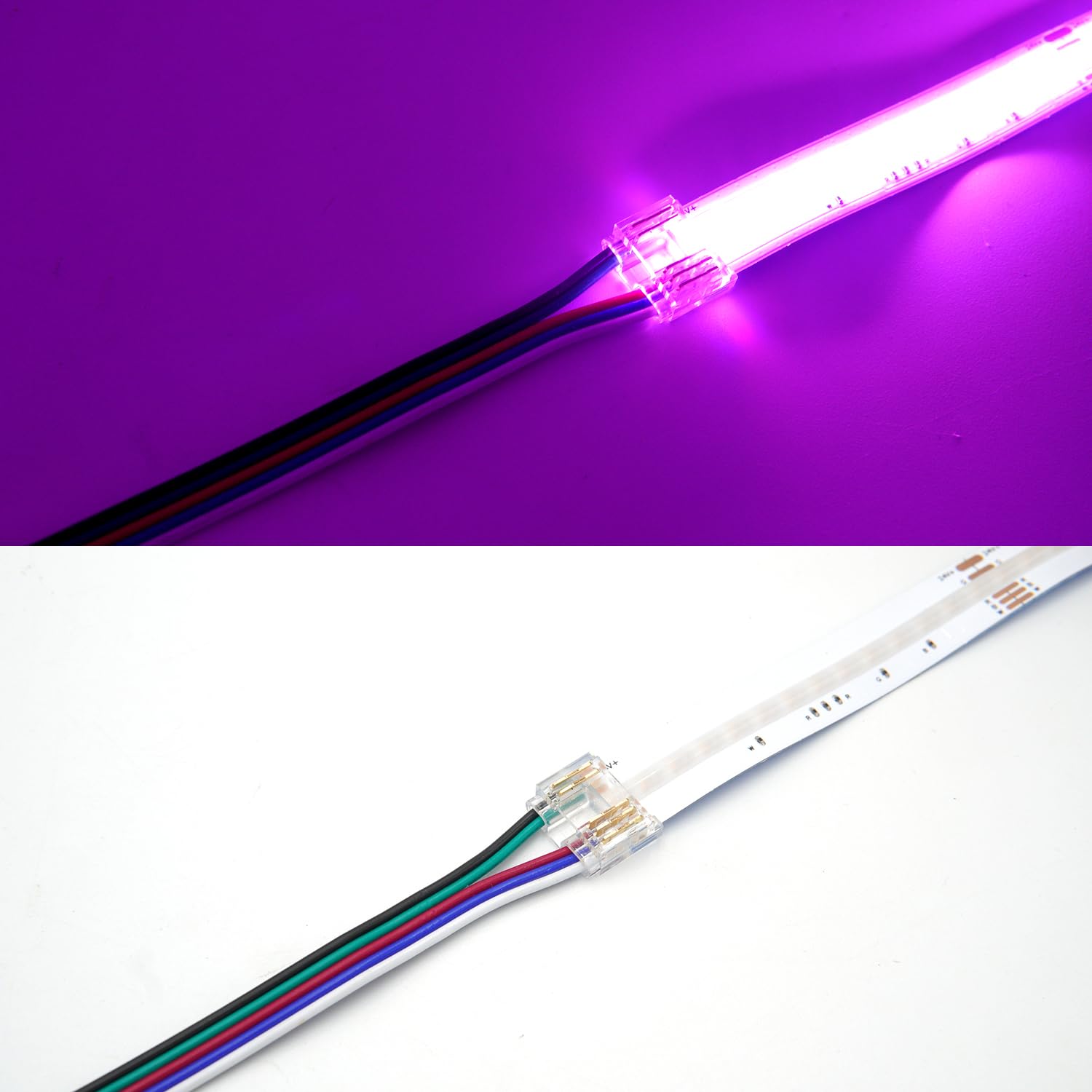 Boarda RGB/RGBIC/RGBW COB LED Strip Connectors,3-Pin/4-Pin/5-Pin 10Pcs Strip to Strip/Wire Connector for 10mm/12mm RGBIC/RGBW COB LED Strip Lights (5P-12mm-RGBW, One Connector+Cable)