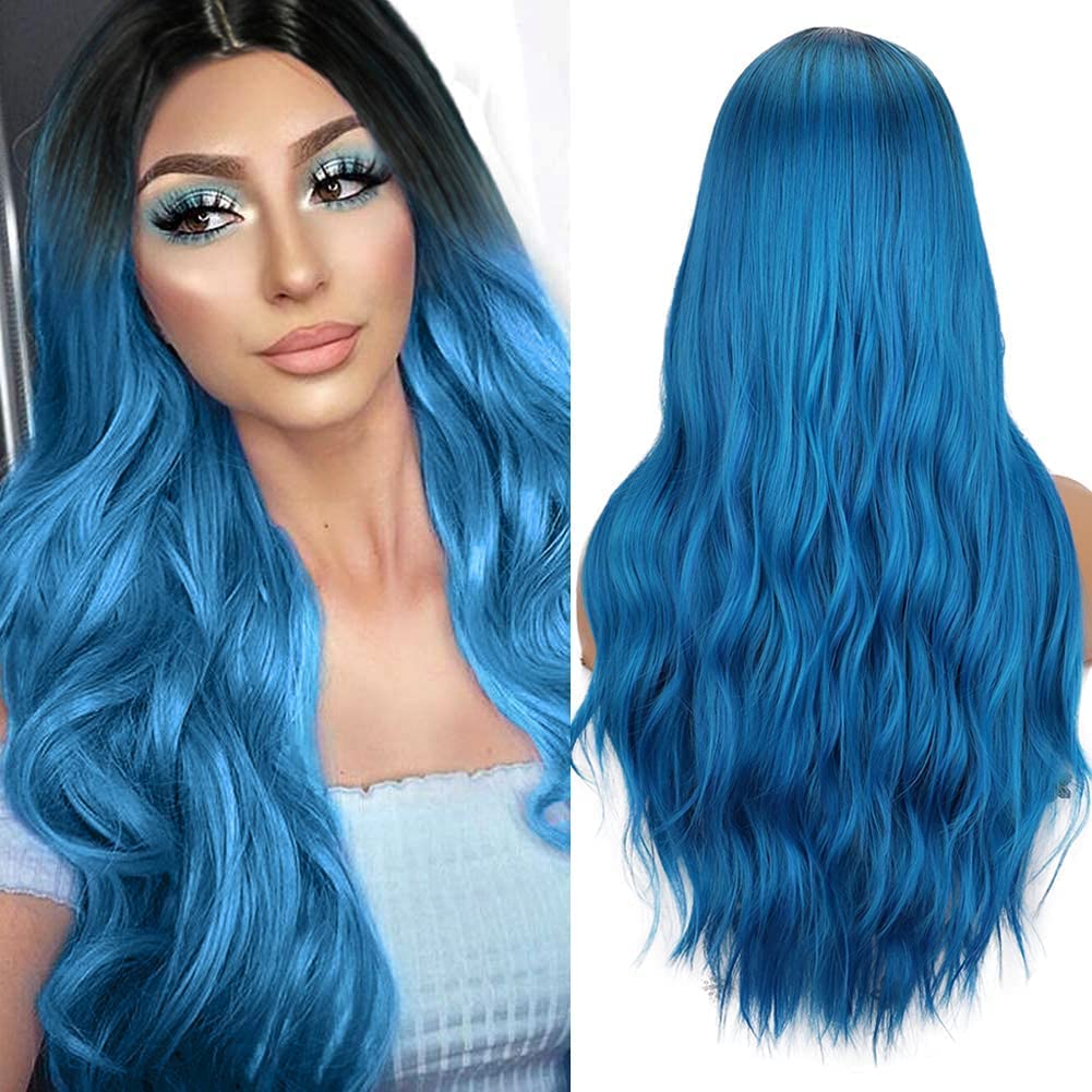 Colorfulpanda Long Blue Wigs for Women Ombre Blue Pastel Curly Wavy Hair Wig with Dark Roots Synthetic Hair Wig Loose Wavy Wigs Heat Resistant 26 Inches โ image 1