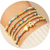M MOOHAM Valentines Gifts for Kids Her Women - 5PCS Colorful Beaded Bracelets Cute Heart Initial Bracelet Stretch Stackable Bracelets Boho Jewelry Set Valentines Gifts for Kids Her Women Teen Girls