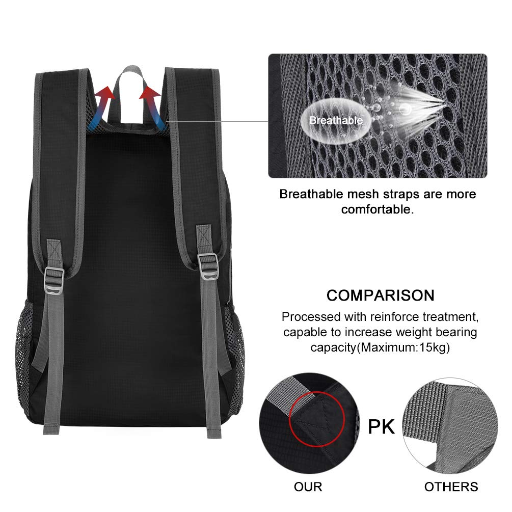 Sac a Dos Pliable Petit 25L Sac de Sport étanche Voyage Camping Randonnée Fitness (Noir) (Noir)