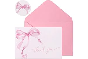 30 Pcs Pink Bow Thank You Card, 4 x 5.9''(10 x 15 cm) Watercolor Bow Greeting Cards with Envelopes and Stickers, Bridal Showe
