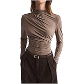 SHENHE Women's Mock Neck Long Sleeve Shirt Ruched Slim Fit Basic Trendy Top Going Out Tee