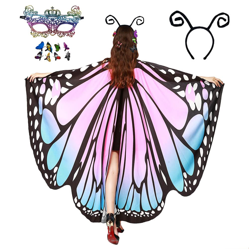 HAPNBCELE Womens Butterfly Wings Costume, Butterfly Cape 11PCS with Lace Masks Hair Clips Halloween Christmas Fairy Cosplay (Pink Blue, 165 x 135cm)