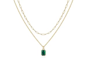 Vrsilver Layered Birthstone Necklace for Women Girls, 14K Gold-Plated Paperclip Chain Choker Necklace with Rectangle Birthstone Pendant Birthday Gifts for Women Girls Dainty Small