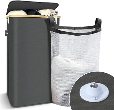 ® Cesto Portabiancheria 100L con Ruote, Cesta Biancheria Sporca con Coperchio e Manici in Bambù, Porta Biancheria Pieghevole Cesta Panni Sporchi per Bagno o Lavanderia Vestiti, Grigio