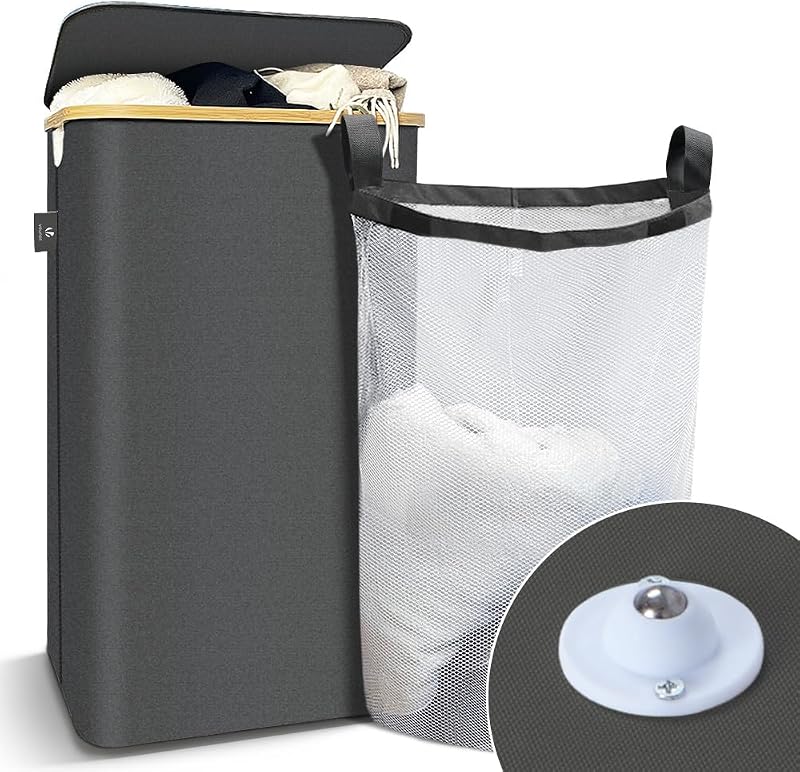 ® Cesto Portabiancheria 100L con Ruote, Cesta Biancheria Sporca con Coperchio e Manici in Bambù, Porta Biancheria Pieghevole Cesta Panni Sporchi per Bagno o Lavanderia Vestiti, Grigio