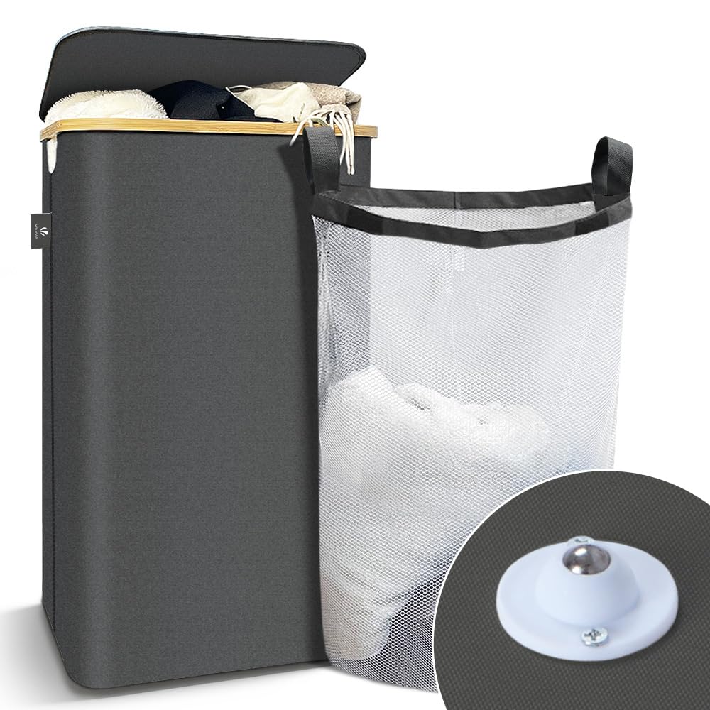 VOUNOT Foldable Laundry Basket 100L with Lid Handles, Collapsible Linen Basket with Inner Laundry Bags Freestanding Laundry Hamper Bin for Bedroom, Bathroom, Grey