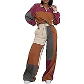 Tbahhir Women's 2 Piece Tracksuit Color Block Outfits Drastring Long Sleeve Crop Top and SweatPants Set Jogger Casual