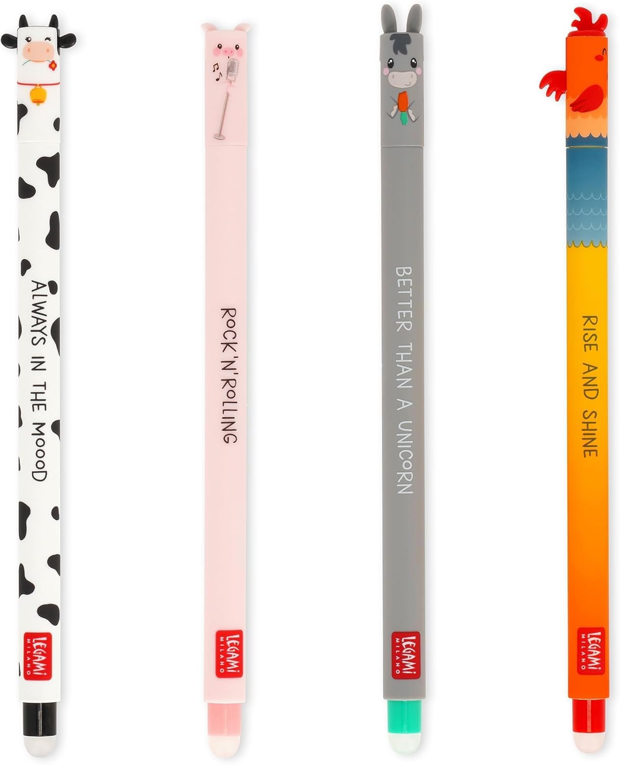 LEGAMI - 4er Set Gel Radiergummi Farm Sweet Farm Stifte, mit hitzeempfindlicher, radierbarer Tinte, schwarz, rosa, grün, rot, radiert ohne Blatt zu verbrauchen, 0,7 mm Spitze