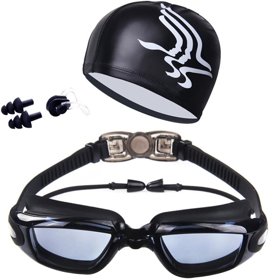 Guoainn Unique Swim Goggles with Hat Ear Plug Nose Clip Suit Waterproof Swim Glasses Anti-Fog