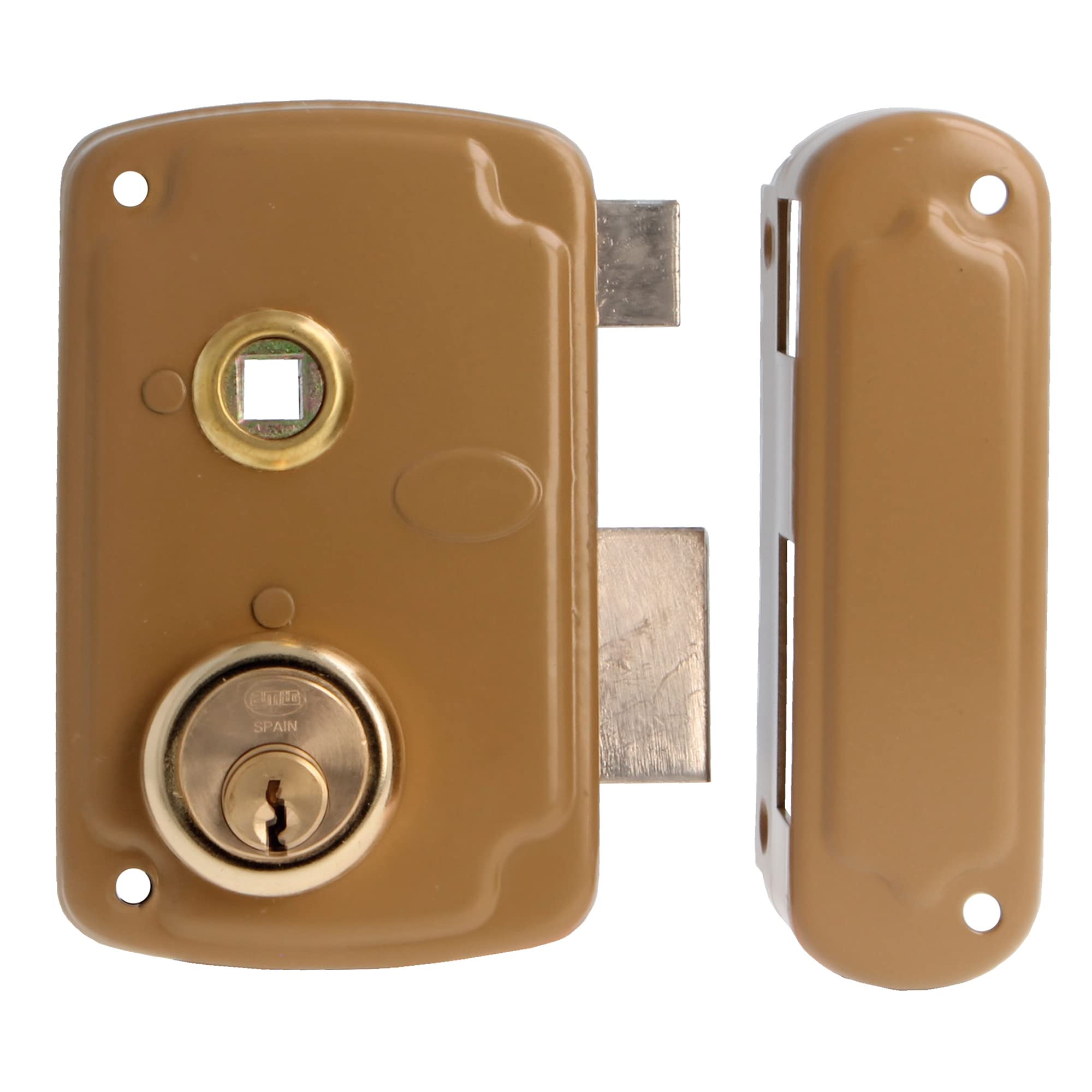 Amig - Model 75UN Overlay Lock | Surface Mounted Door Lock | Enameled Steel for Entrance & Passage Doors | Includes 3 Keys | Easy Installation | Gold | 76 x 120 mm