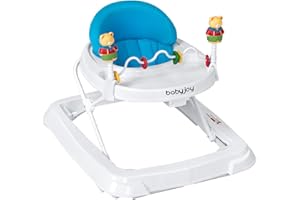 BABY JOY Baby Walker, Foldable Activity Walker with Adjustable Height, Large Tray & Removable Toys, Baby Walker with Wheels for Boys Girls 6-18 Months (Blue)