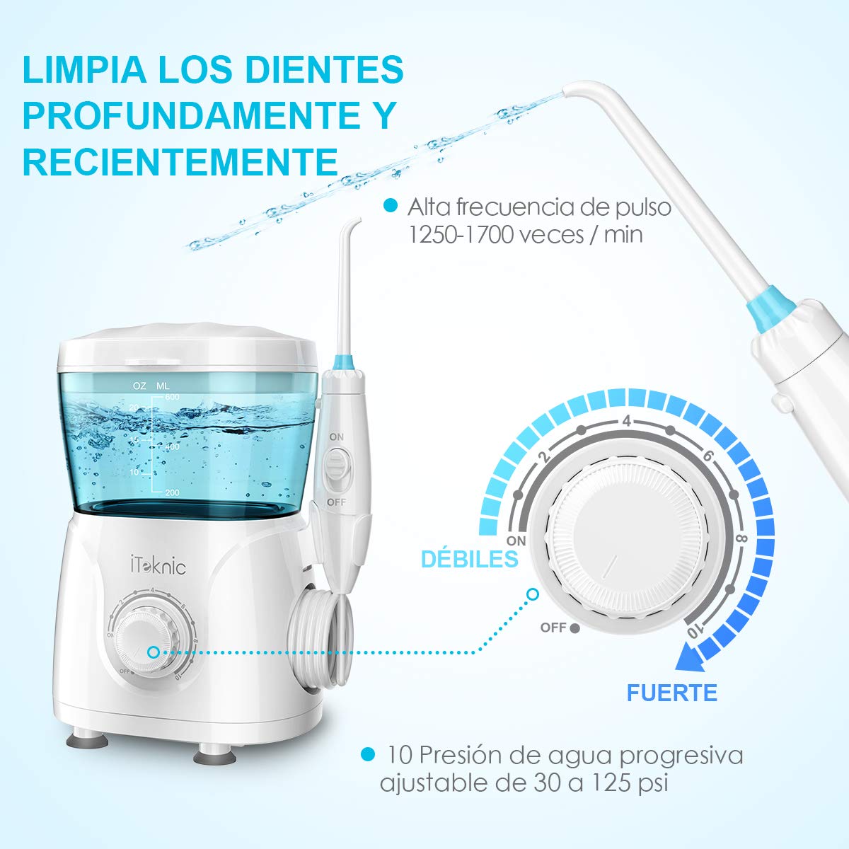 Irrigador Dental Profesional iTeknic de Gran Capacidad Tanque de Agua de 600ml 10 Ajustes de Presión 7 Bolquillas Intercambios IPX4 Impermeable del Agua para Limpiar los Dientes Ideal Regalo para Familiares Certificado de FDA FGB FCC