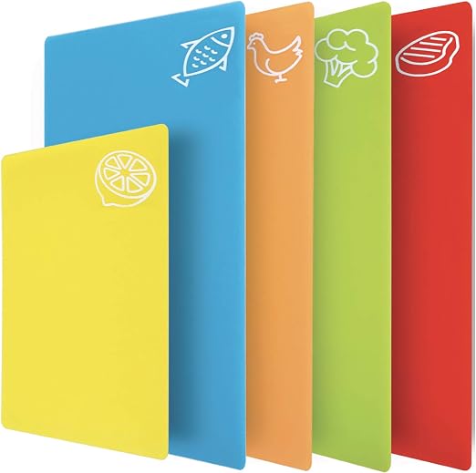 Amazon Com Gorilla Grip Original Set Of 5 Flexible Plastic Cutting Boards 4 Large Plus Small Board Gripped Backing Dishwasher Safe Non Porous Durable Chopping Mats Food Icons Multi Color Kitchen Dining
