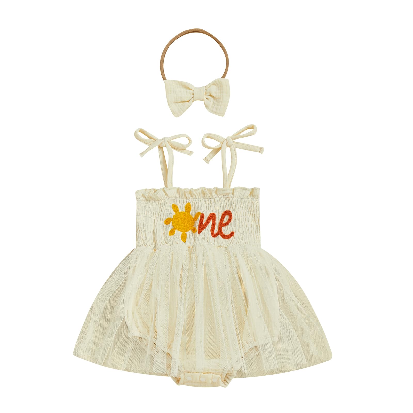 Photo 1 of 1St Birthday Outfit Girl First Trip Around The Sun Romper Tulle Tutu Dress One Year Old Baby Girls Birthday Outfits (One in The Sun Cream, 12-18 Months)