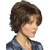 TISHINING Short Curly Brown Pixie Cut Wigs for White Women with Bangs Pixie Laered Mixed Brown Synthetic Shaggy Curly Wigs for Women Natural Looking Daily Party Hair Replacement Wig