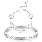 Feasnow 18K Gold Plated Clover Bracelet Love Bangle Set for Women Black and White Stack Bangle Clover Bracelet Fashion Simple Lucky Bracelets for Women Trendy Gifts
