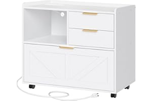 HOOBRO Lateral File Cabinet, Wooden Office Storage Drawers with Charging Station, Filing Cabinet for Home Office, A4/Letter/Legal-Sized Files, Printer Stand with Open Storage Spaces, White WT37UWJ01