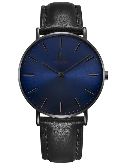 Alienwork Herren Damen Armbanduhr Quarz schwarz mit Lederarmband blau Ultra-flach Slim-Uhr