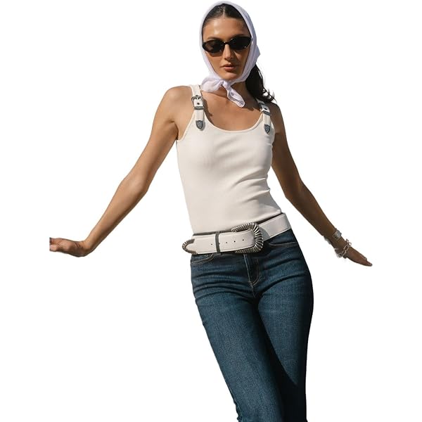 RoseSeek Women's Y2K Ribbed Tank Top - Adjustable Strap With Metal Buckle, Sleeveless Scoop Neck