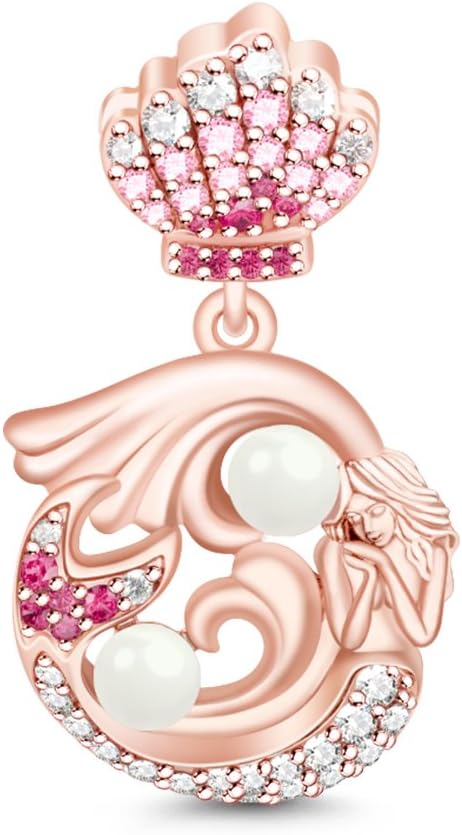 GNOCEPearl Mermaid Charm Pendant 925 Sterling Silver Tears of Mermaid Rose Gold Dangle Charm with CZs Fit for Bracelet/Necklace Charm Gifts for Women (Rose Gold)